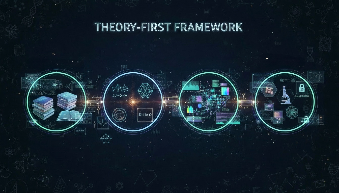 Theory-First Framework - Visual representation of our four-step methodology: Established Research, Thermodynamic Principles, Literature Analysis, and Evidence-Based Validation